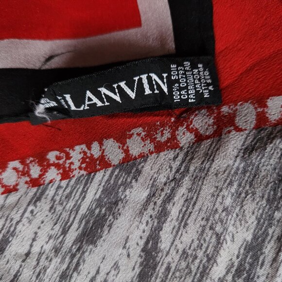 LANVIN PARIS VINTAGE 100% SILK WOMAN SCARF BLACK, GRAY AND RED GEOMETRIC DESIGN - Picture 5 of 6